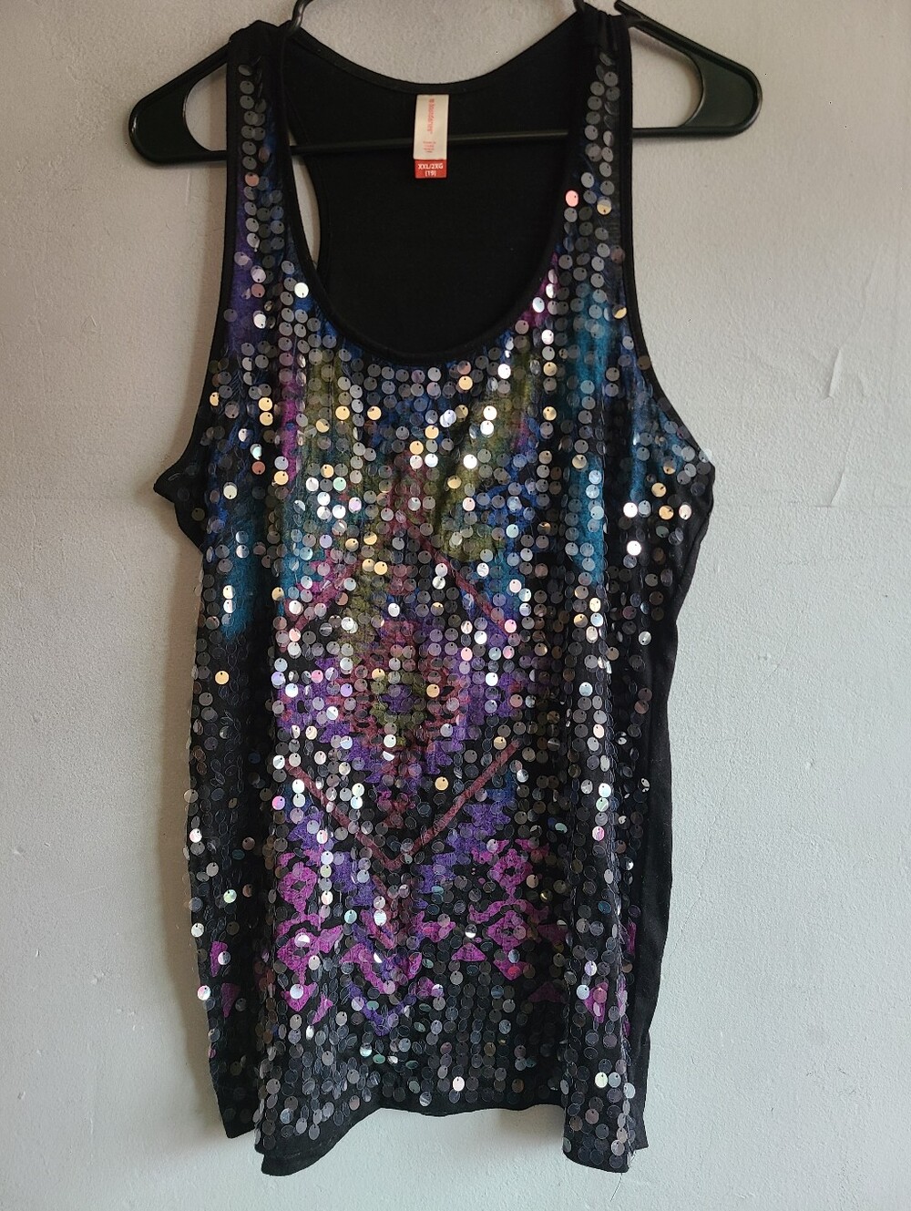 Women's large XL black racerback tank top shirt colorul sequin accent